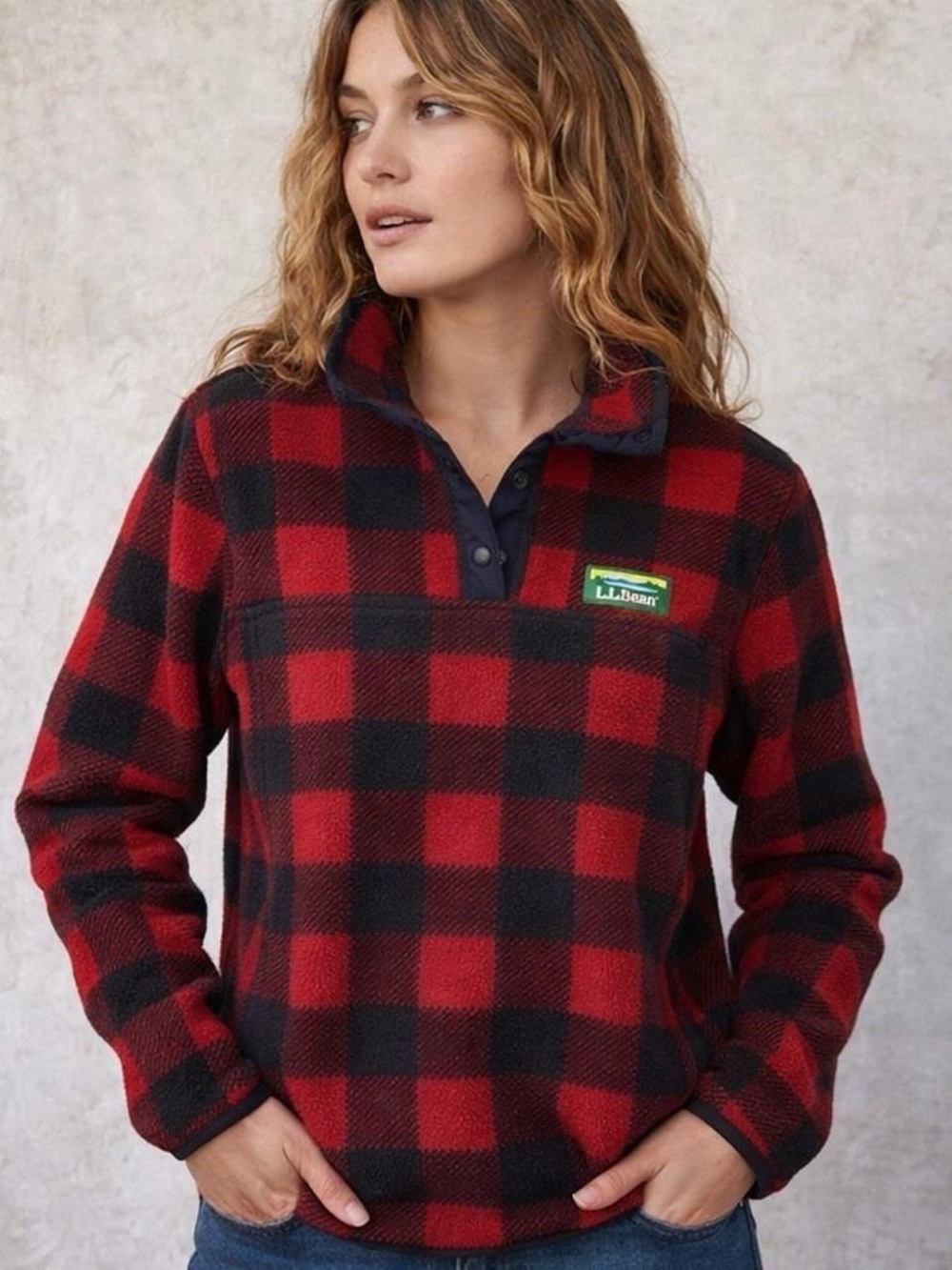 L.L. Bean Women’s Red & Black Buffalo Plaid Fleece Pullover FULL ZIP